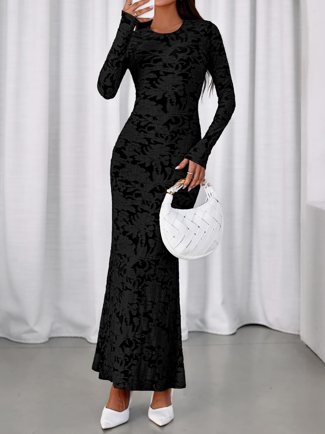 BTFBM Wedding Guest Dresses for Women 2026 Spring Elegant Floral Lace Ruched Long Sleeve Bodycon Cocktail Party Maxi Dress - Image 7