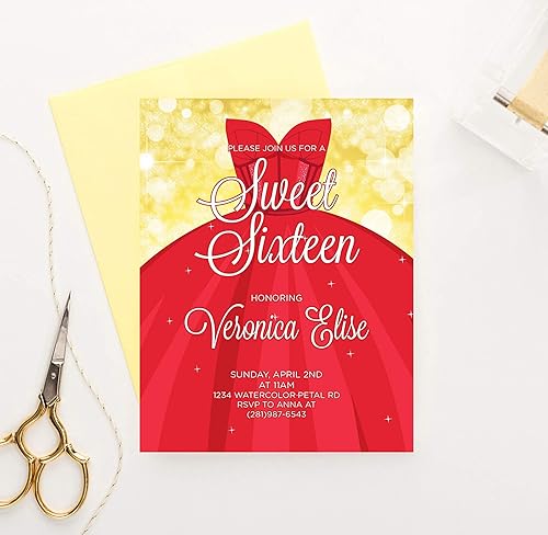 Miniatura 3 de Sweet 16 Invitations Red and Gold, Personalized Sweet 16 Invites with Envelopes, Red and Gold 16th Birthday Invitations for Girls, Your choice of