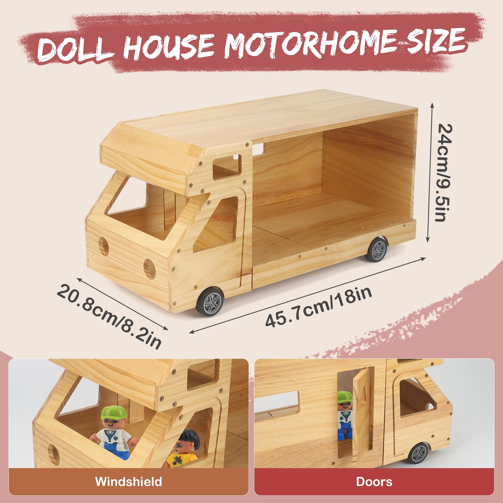 Wohnmobil, Puppenhaus für Kinder, Holz, rollendes Wohnmobil mit kompletten Möbeln | Reise Puppenhaus Spielzeug mit Miniaturräumen für Jungen & Mädchen Pretend Play Adventure Home