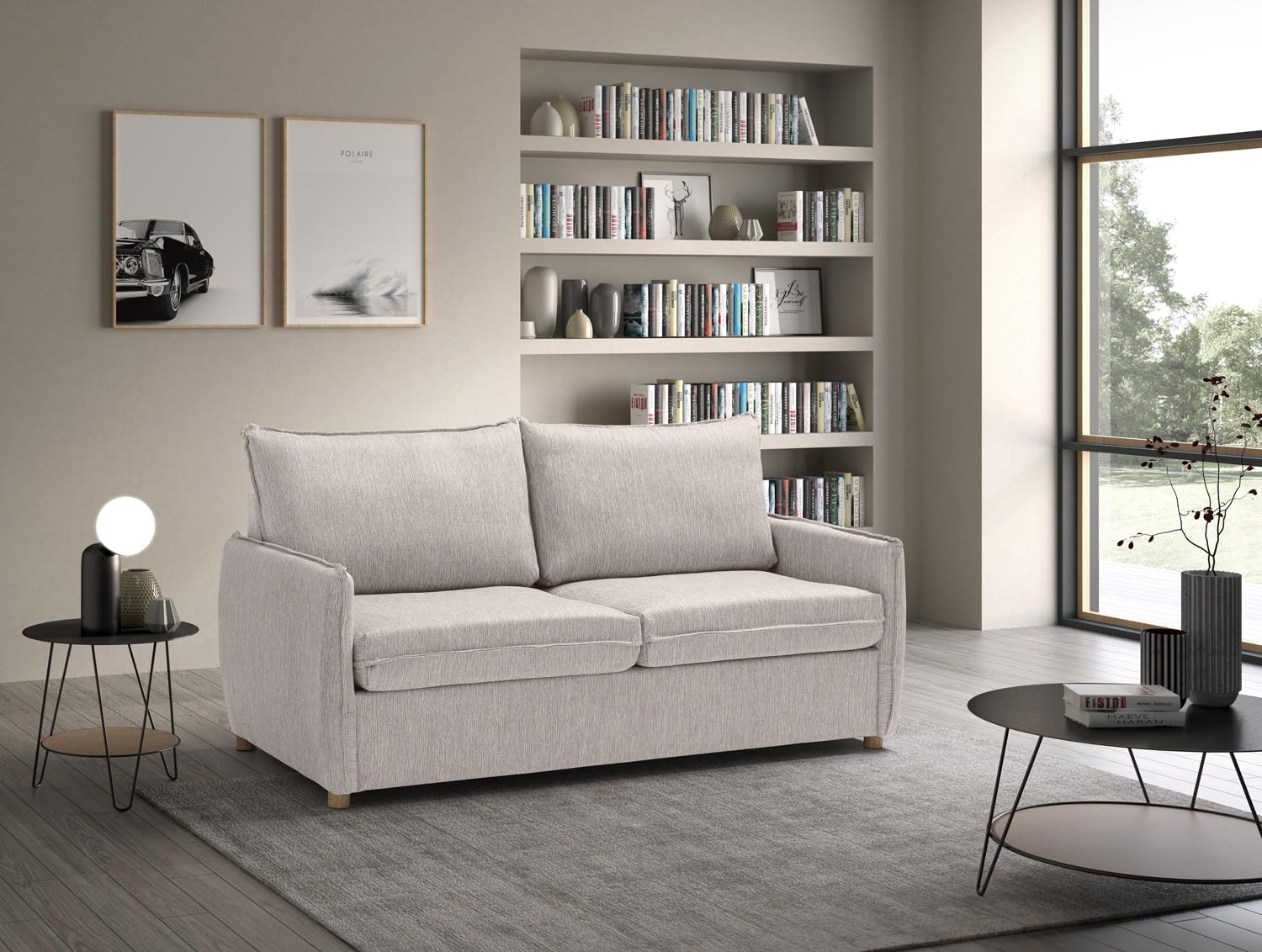 EVERGREENWEB - Divano Letto a 2 Posti con Materasso Memory 140x190, Sofà Soggiorno con Piedi in Legno Design Moderno, Struttura Rinforzata Pieghevole, Tessuto Beige Antimacchia, Cuscini Estraibili