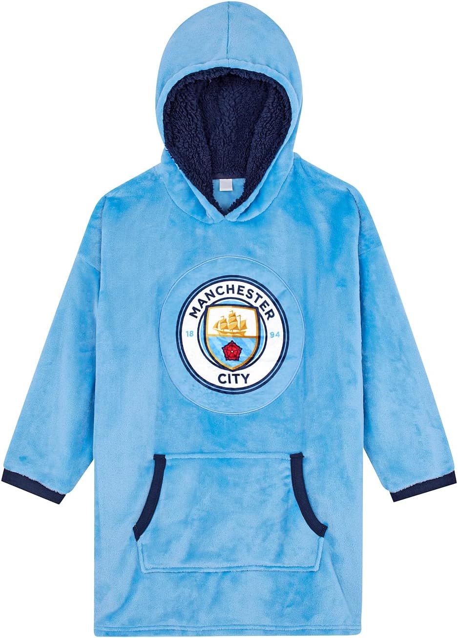 F.C. Boys Hoodie, Man City Oversized Hooded Lounge Gown Fleece Blanket, One Size Fits All Ages 7 to 13 Years Red