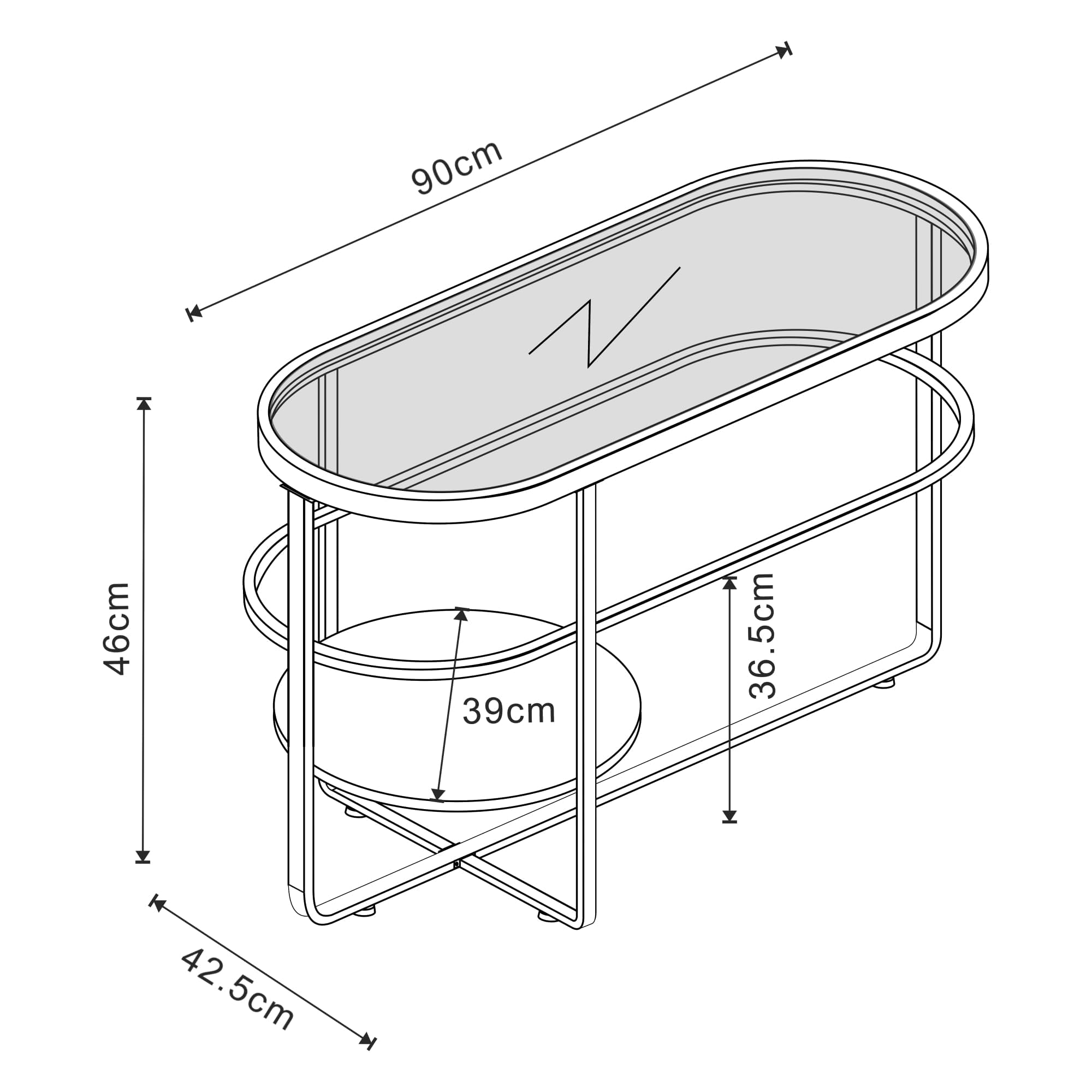 [en.casa] Mesa de Centro Ovalada con 1 Estante Redondo Mesa de Café para Salón Sala de Espera Despacho Diseño Industrial Metal Cristal Templado 90x43x46 cm - Negro y Transparente