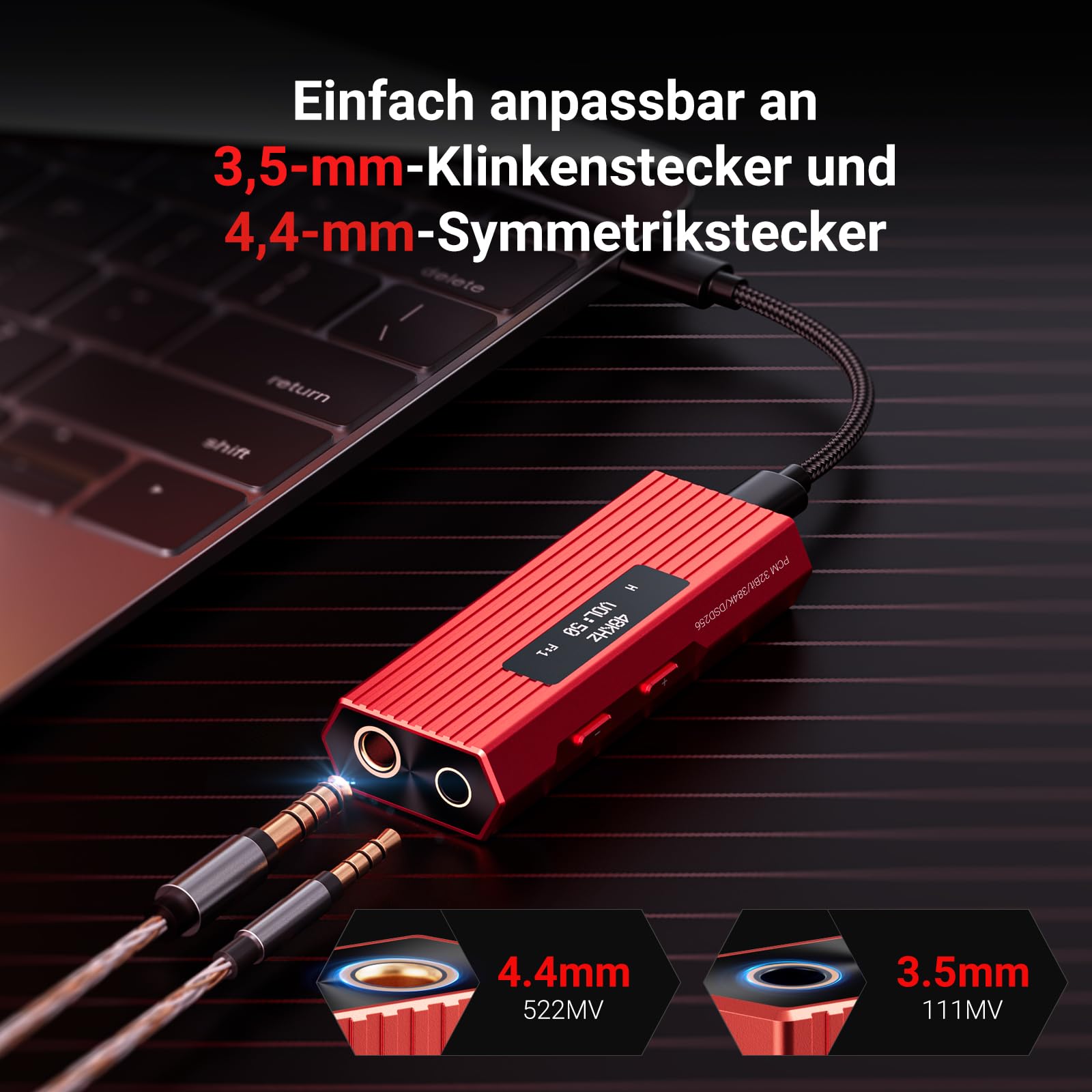 USB-C DAC Kopfhörerverstärker, tragbarer HiFi DAC mit ES9038Q2M, DSD256, PCM 384kHz/32Bit, symmetrische 4,4-mm- und 3,5-mm-Ausgänge, kompatibel mit iPhone 15/16, Android, PC, Mac