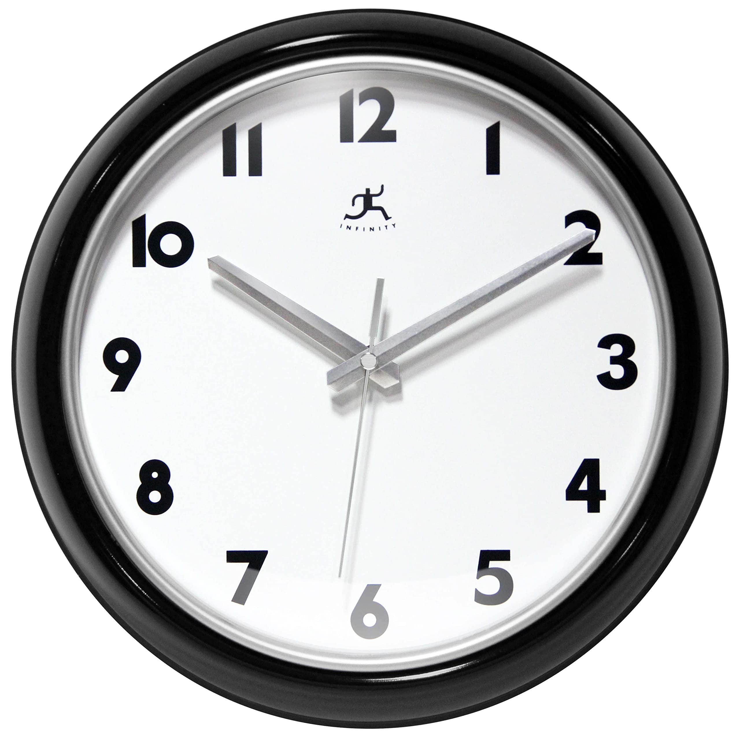 Infinity InstrumentsLux Black Wall Clock, Retro 12 inch Modern Wall Clock, Easy to Read, Great for Living Room, Office, Home (Black and Silver)