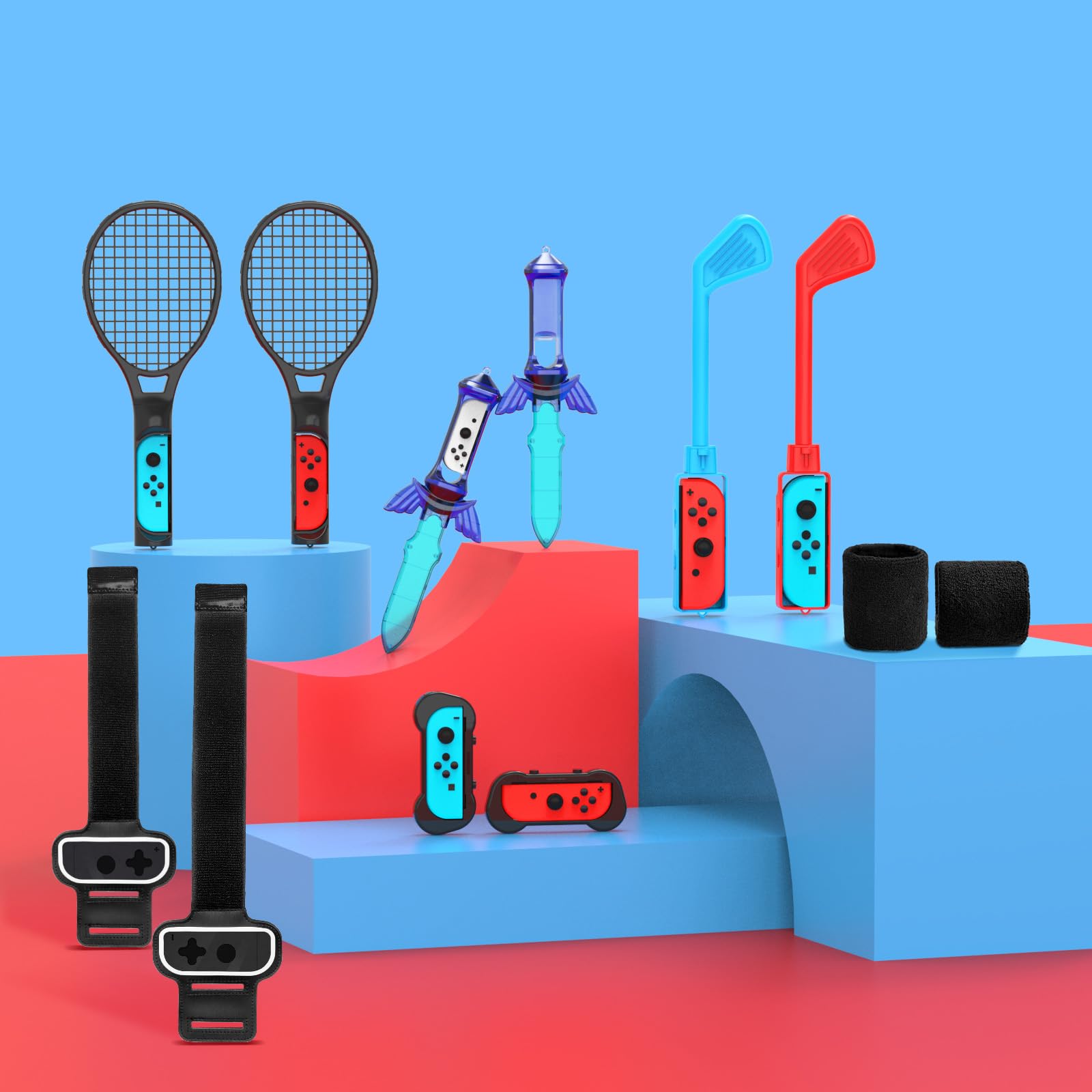 Switch Sport zubehör Bundle - Nargos 12-in-1-Set für Switch & Switch OLED: Joy-Con-Griffe für Mario Golf Super Rush, Handgelenkbänder & Beinhalterungen, komfortable Griffhülle und Tennis-Schläger