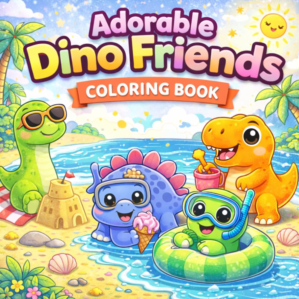 Adorable Dino Friends Coloring Book: Bold & Easy Beach Dino Adventures – Cute, Fun & Adorable Dinosaurs for Ages 4–8