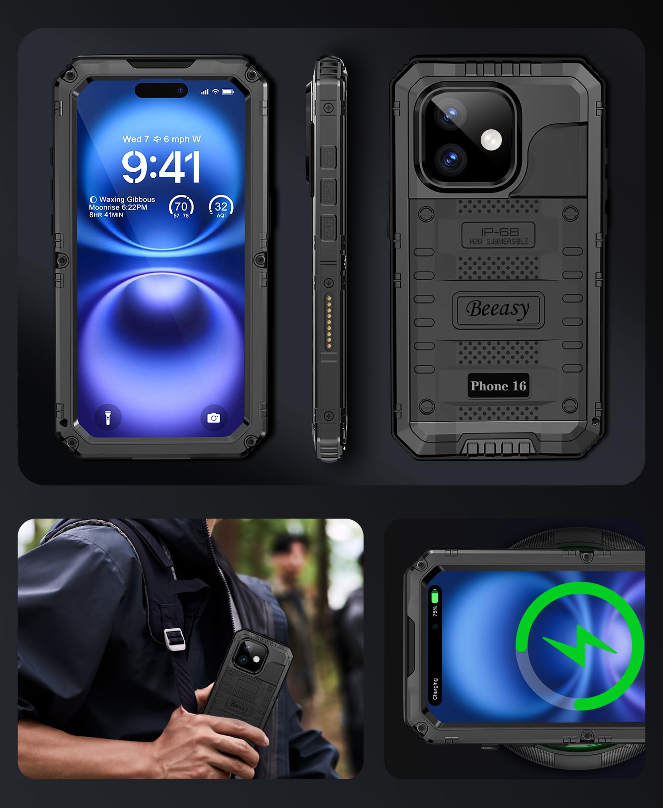 Beeasy Cover per iPhone 16 IP68 Impermeabile,360 Completa Antiurto Militare Rugged Armor,Resistente Indistruttibile Metallo Custodia,Subacquea Protezione Case per iPhone 16,Nero