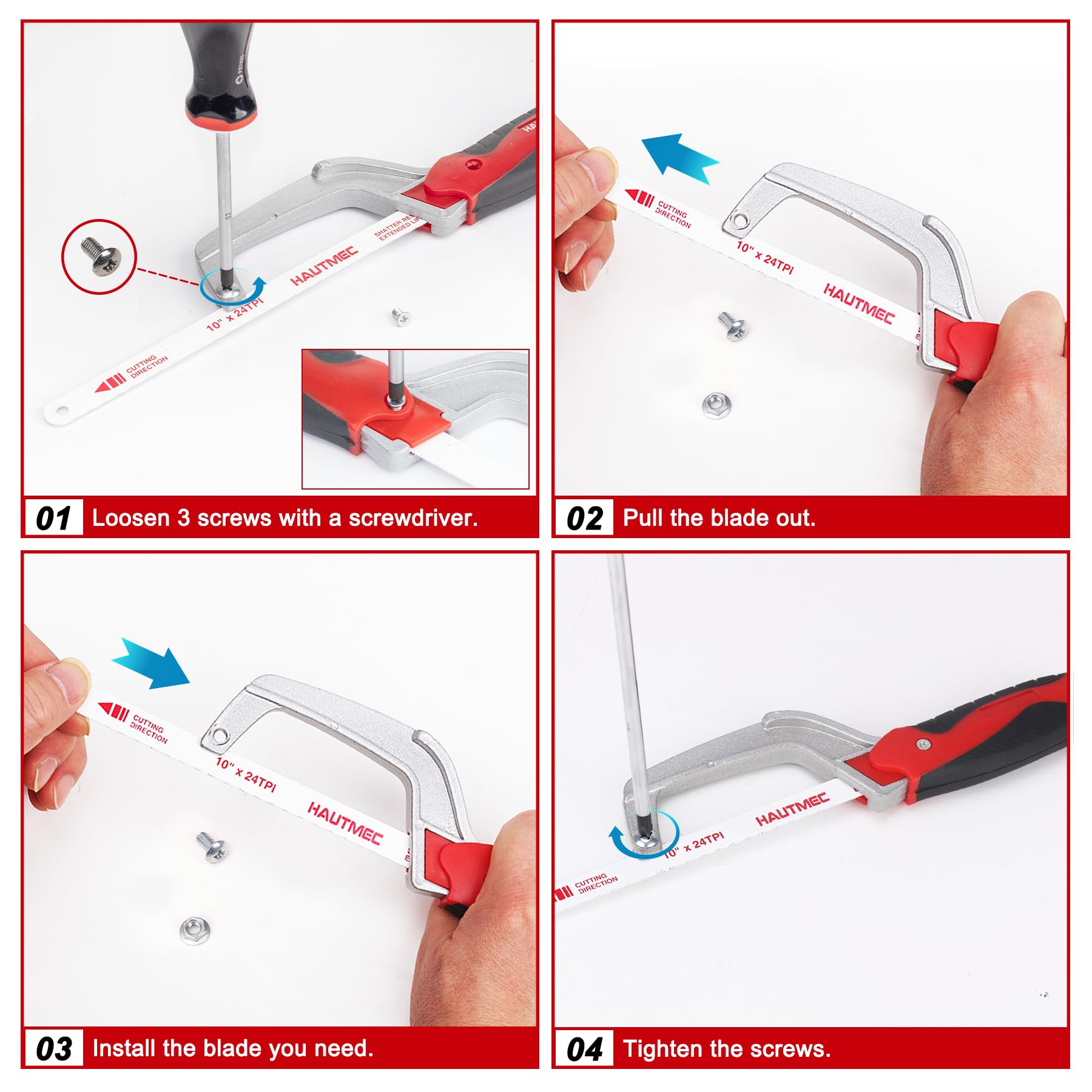 HAUTMEC Scie à métaux compacte 250 mm Junior avec lame bimétallique HSS - Cadre en aluminium léger - Petite scie à main pour couper le métal, le plastique, le PVC et le bois - Idéale pour les espaces