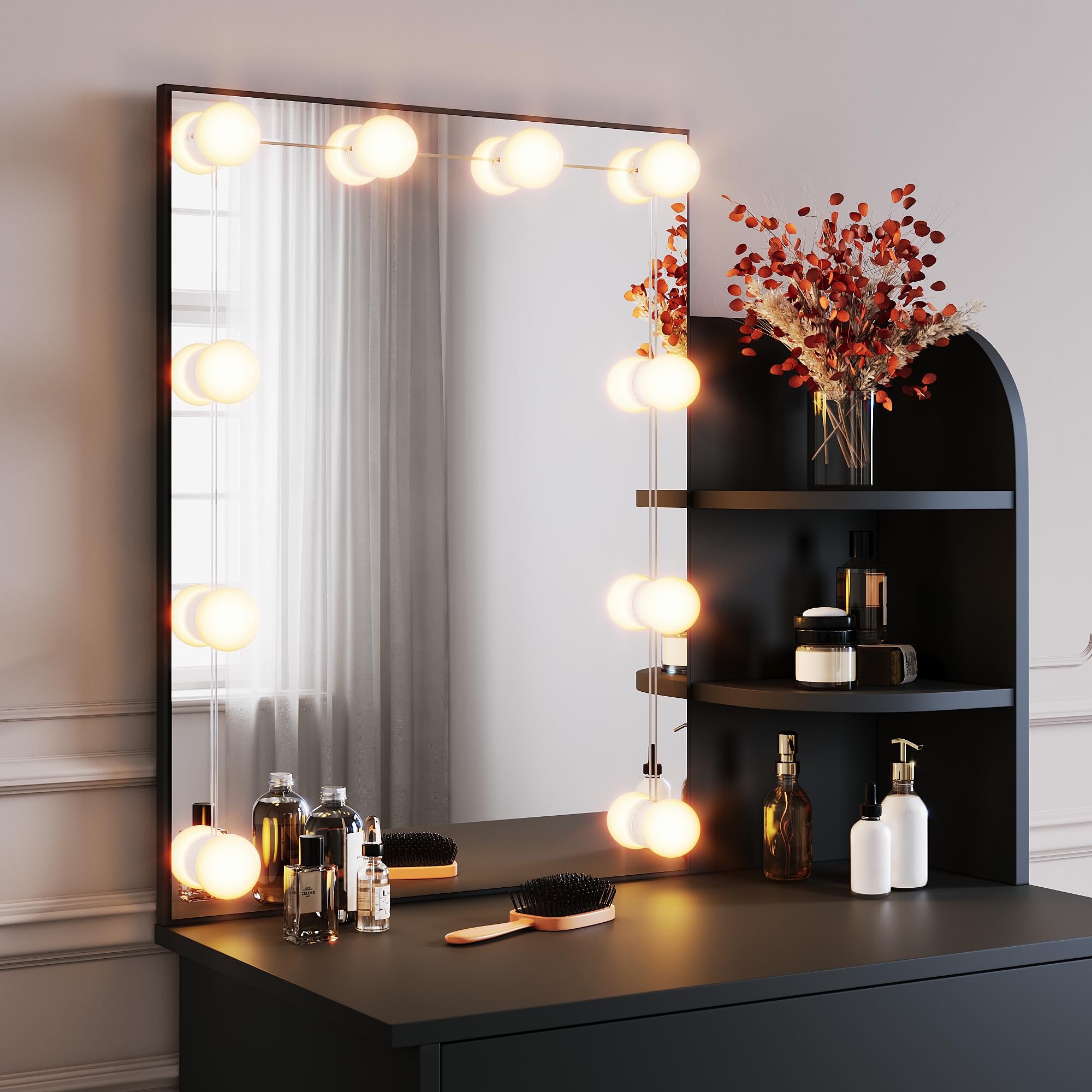SONNI Toaletka z oświetleniem LED i lusterkiem HD, z 10-stopniową regulacją jasności, 3 kolory, toaletki z szufladami do sypialni, 3 otwarte przegrody, czarna, 70x40x140cm