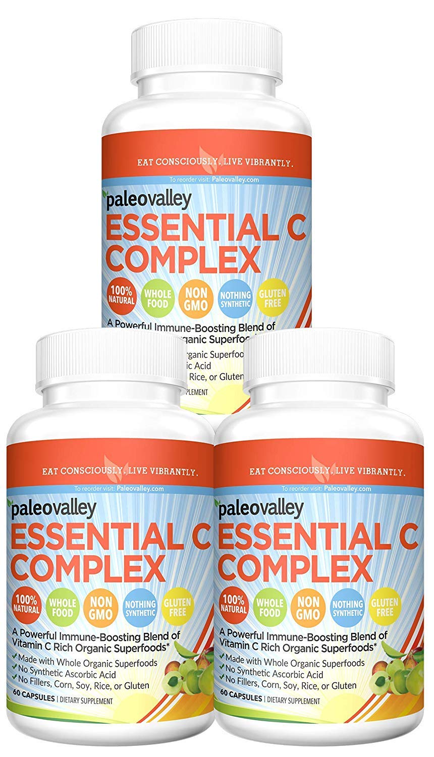 PaleovalleyEssential C Complex - Vitamin C Supplement for Immune Support - 3 Pack, 450mg - From Organic Superfoods Unripe Acerola Cherry, Camu Camu, Amla Berry - No Synthetic Ascorbic Acid - USA Made