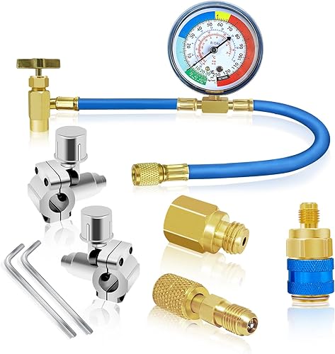 Boltigen Manguera de recarga de refrigerante R134A con calibre, kit de manguera de recarga de CA R134A con válvula de perforación de bala, acoplador