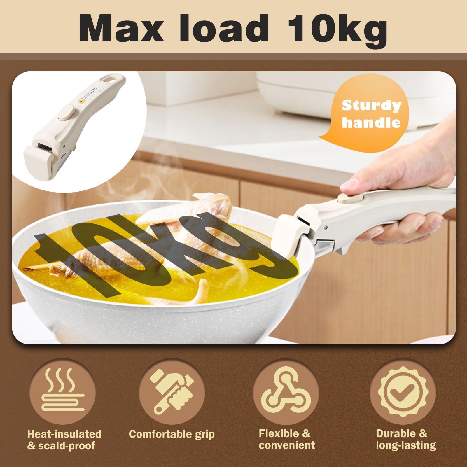Mango Sartén Extraíble Universal Mango Desmontable Ergónomico Repuesto Resistente al Calor Hasta 250 °C Man-go Antideslizante Sartenes para Sartenes y Juegos Utensilios Cocina Apilables — view 5