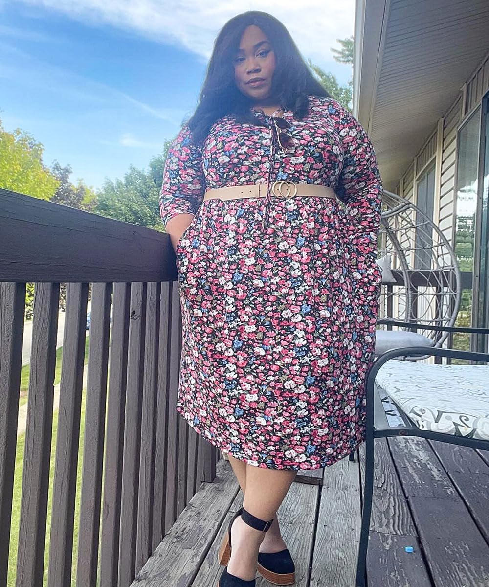 CARCOS Plus Size Dress for Women Tie V Neck Midi Dresses Long Sleeve Boho Dress Elastic High Waist Tunic Dress with Pockets - Image 7