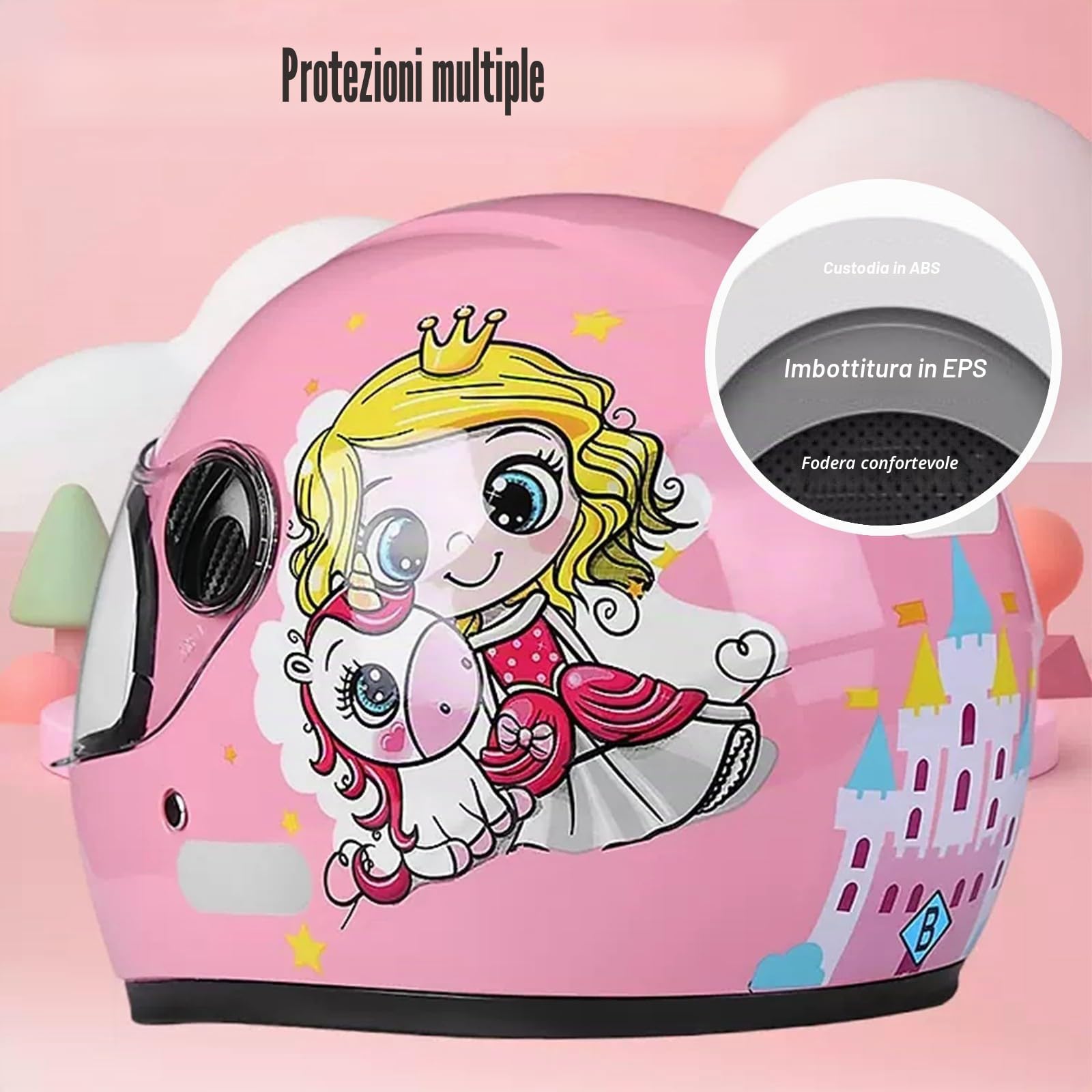 Casco moto integrale per bambini, casco scooter omologato ECE con visiera parasole e sciarpa rimovibile, casco scooter per ragazzi e ragazze dai 3 ai 12 anni