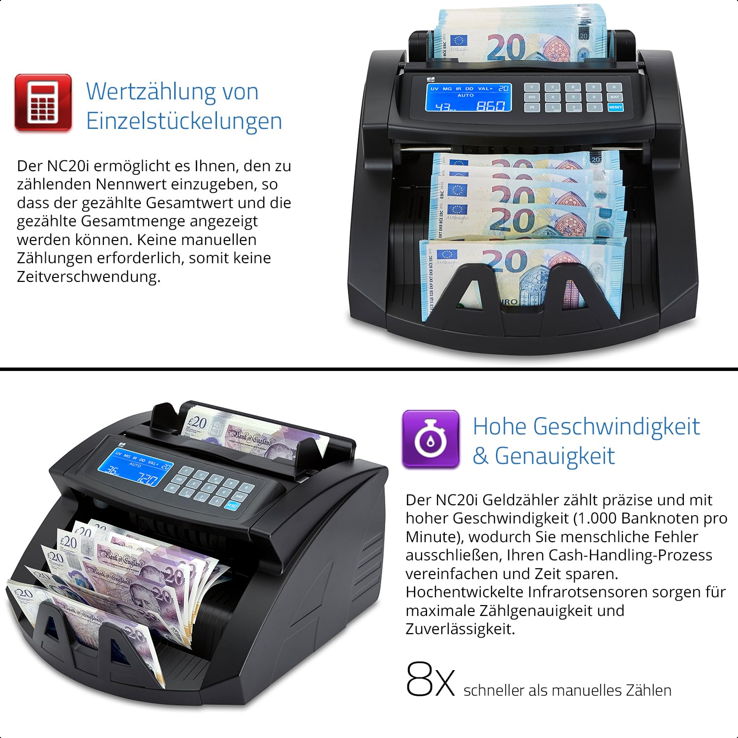 ZZap NC20i Banknotenzähler & Falschgeld-Detektor - Geldzählmaschine Geldzähler Banknotenzählmaschine