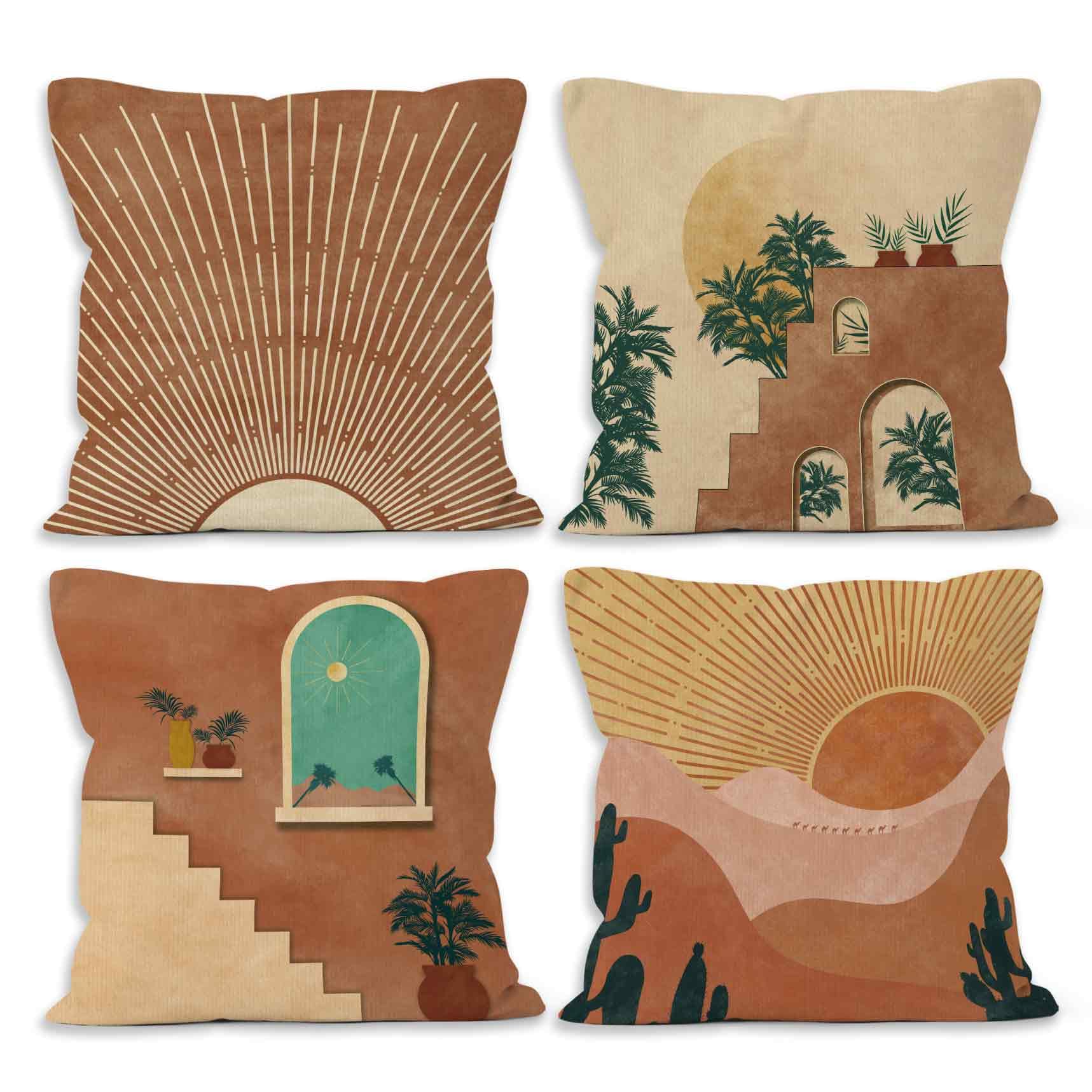 MONALET Boho Bohemia Terracotta Cactus Decorative Throw Pillows Covers, Bohemian Home Decor, Orange Sun Desert Pillow Covers, Mid Century Pillowcase