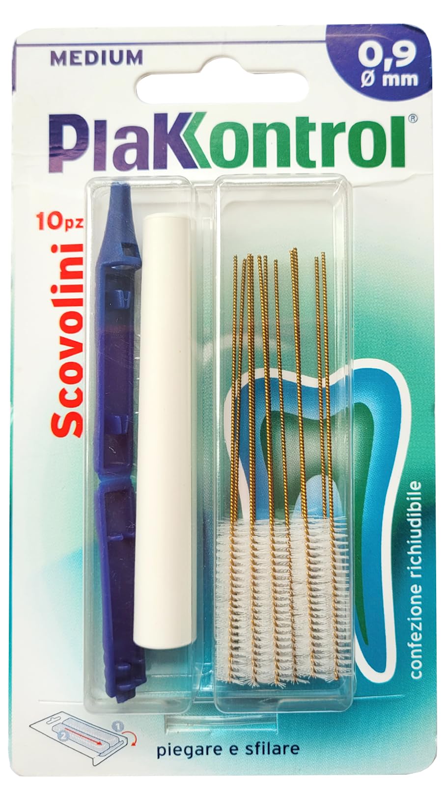 Plakkontrol® scovolini per l'igiene dentale con manico intercambiabile - 0,9 mm, conf. 10 pz, peso confezione: ℮ 14 g