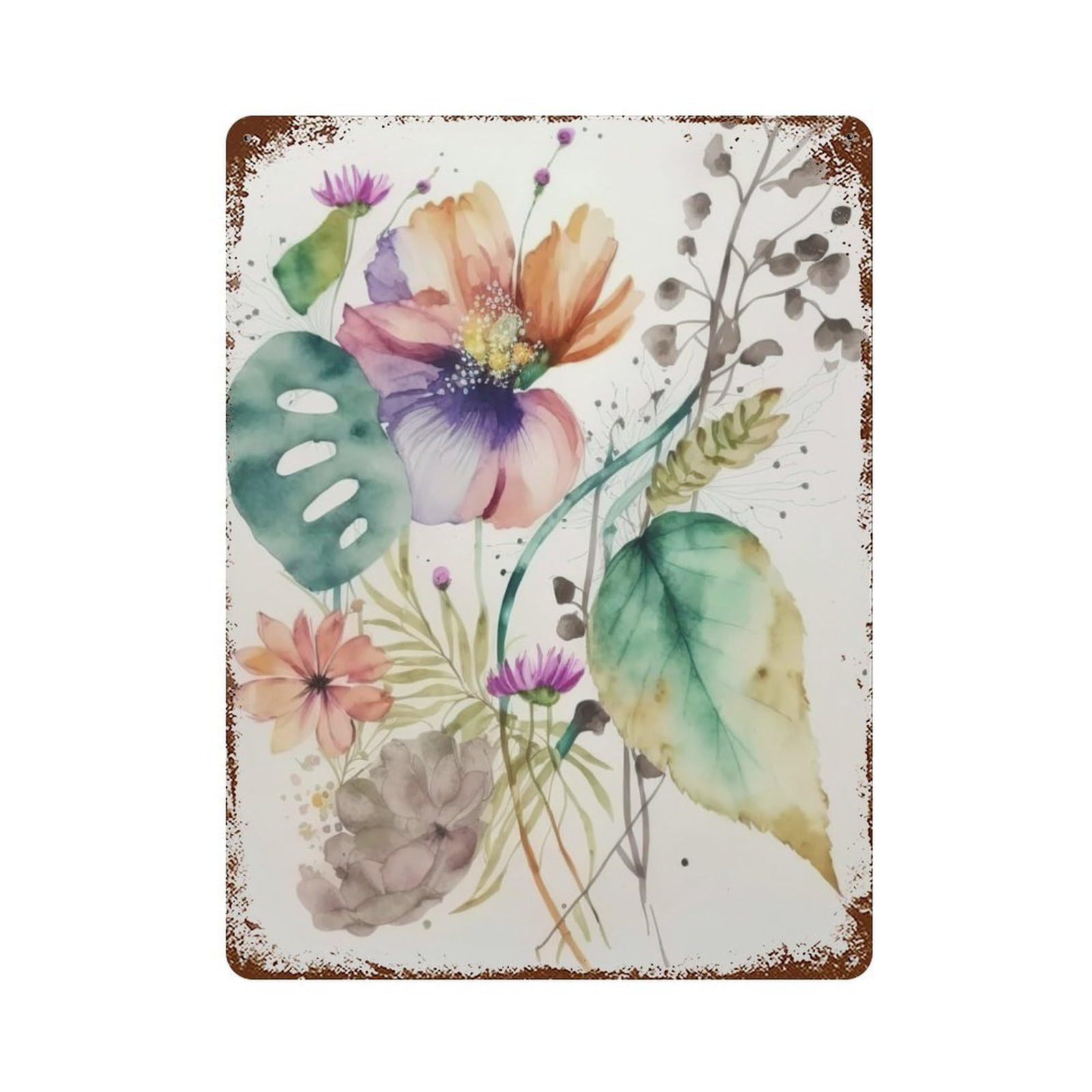 Watercolor Flowers Rust Effect Tin Sign 15.7"x11.8", Ideal for Garage, Bar And Workshop Decor