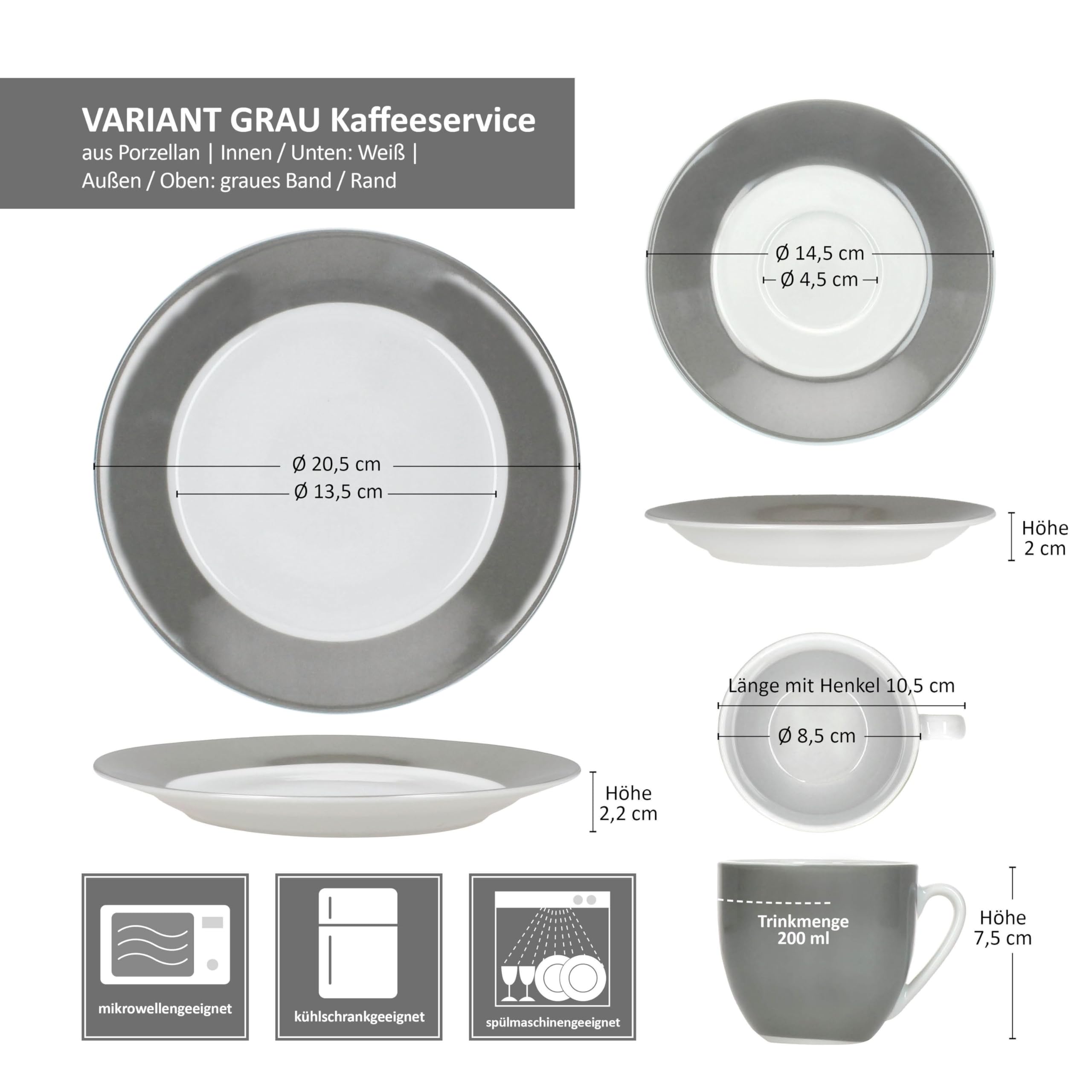 MamboCat Variant Grau 18tlg Kaffeeservice I farbige Porzellan-Kaffeeset für 6 Personen I Je 6X Kaffeetassen 200ml, Untertassen & Kuchenteller I buntes Geschirr für Frühstück & Kaffee
