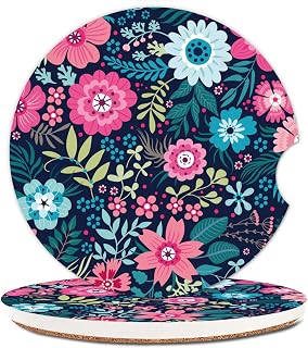 Absorbent Car Cupholder Coaster 2 Pack, Cute Car Coasters with a Finger Notch for Women & Men,2.56" Ceramic Stone & Non-Scratch Cork Base Drink Coasters,Car Accessories Gifts Luxury Flowers2