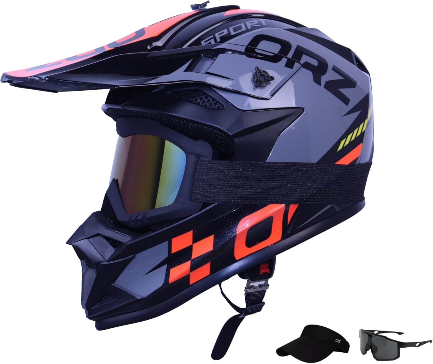 adult dirt bike helmet motorcycle racing street bike off-road mountain bike bmx mx atv helmet with cycling glasses and visor for unisex-adult bright black (with goggles) medium