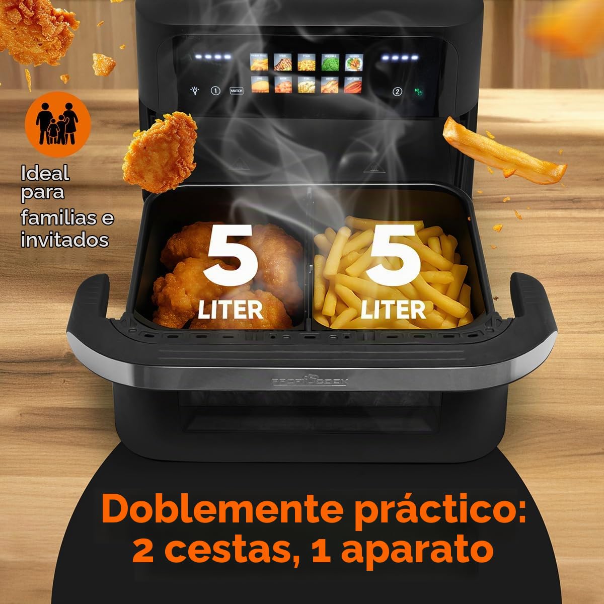 Freidora de aire caliente ProfiCook® XXL | 10 litros | Sin aceite ni grasa | Pantalla táctil | Freidora de aire caliente de 2400 W | 2 compartimentos | 10 programas | 80-200 °C | PC FR 1313 H