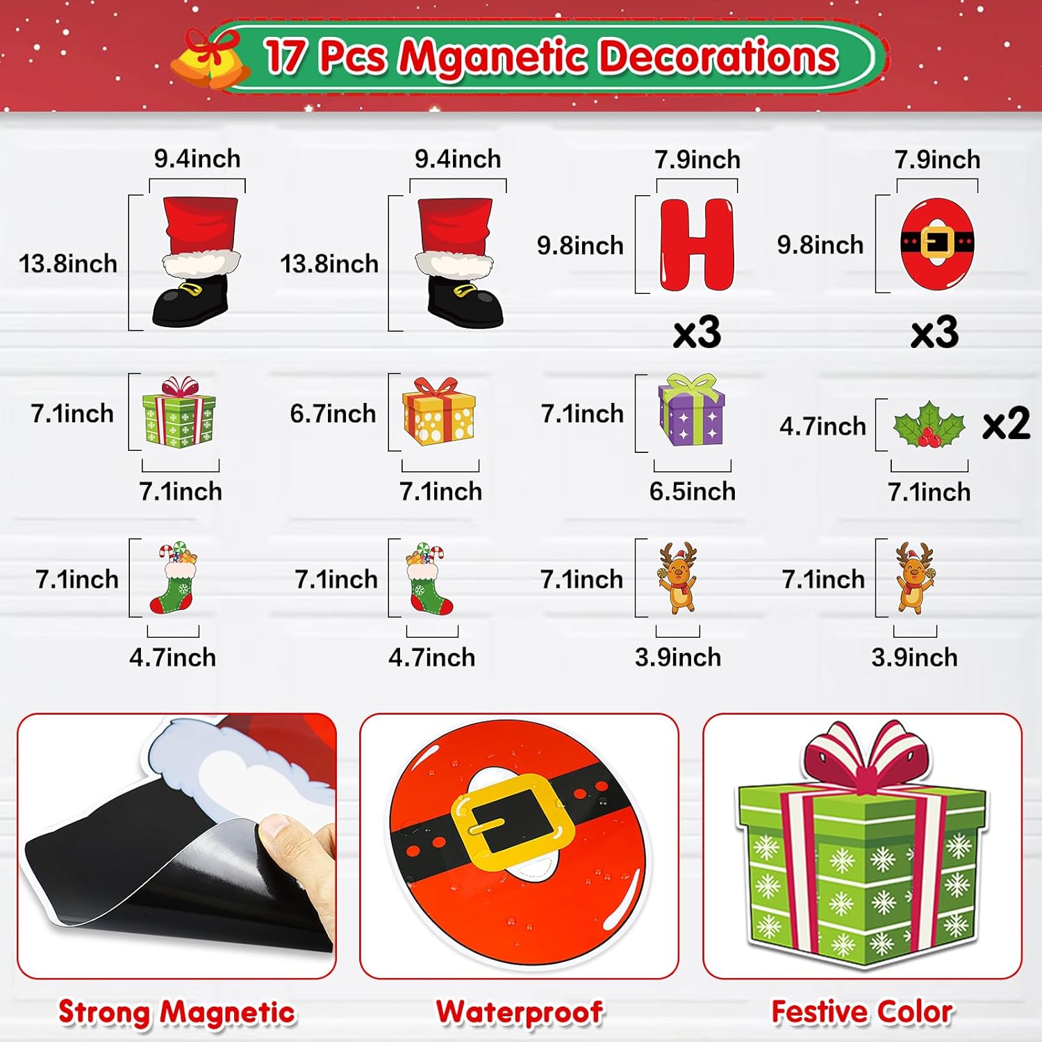 Christmas Garage Door Magnets Decoration, Christmas Decor Garage Door Magnetic Banner with Santa Claus, 17 Pcs Refrigerator Magnets Car Decal Stickers for Xmas Holiday DIY Decor, 10"H Large HO HO HO