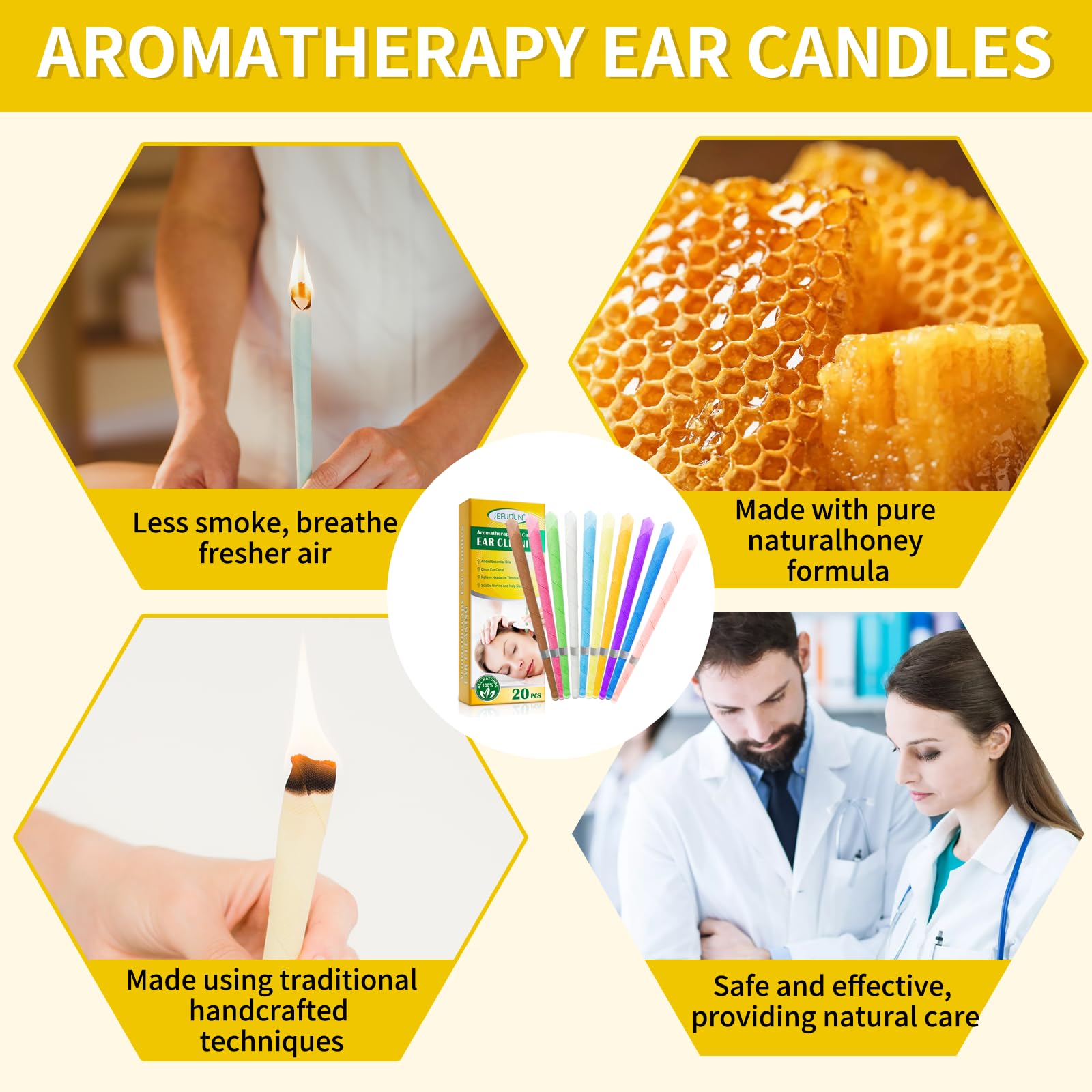 20 Candele per orecchie, candele per cerume, candele coniche, rimozione del cerume, kit per candele per rimozione del cerume con cera d'api organica naturale per orecchie bloccate