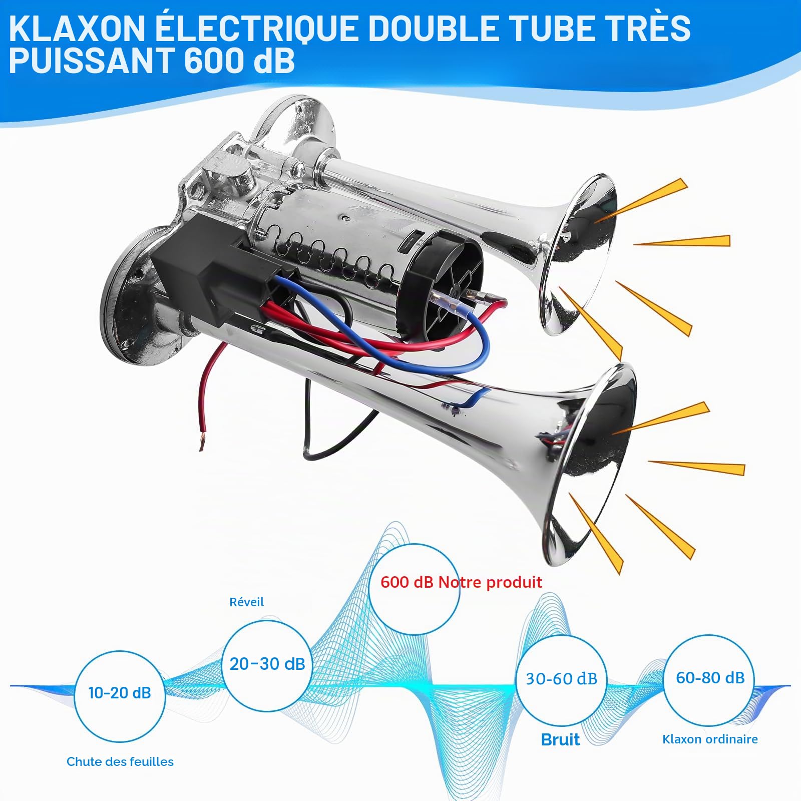 LWK Klaxon 12 V - Klaxon à air puissant - Super fort - Avec compresseur - Double tube - Kit de klaxon pour tous les véhicules 12 V - Camion, train, voiture, bateau, moto, van