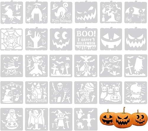 28 plantillas de Halloween – Plantillas de pintura de plástico con calabaza, murciélago, araña, elementos fantasmas para álbumes de recortes,