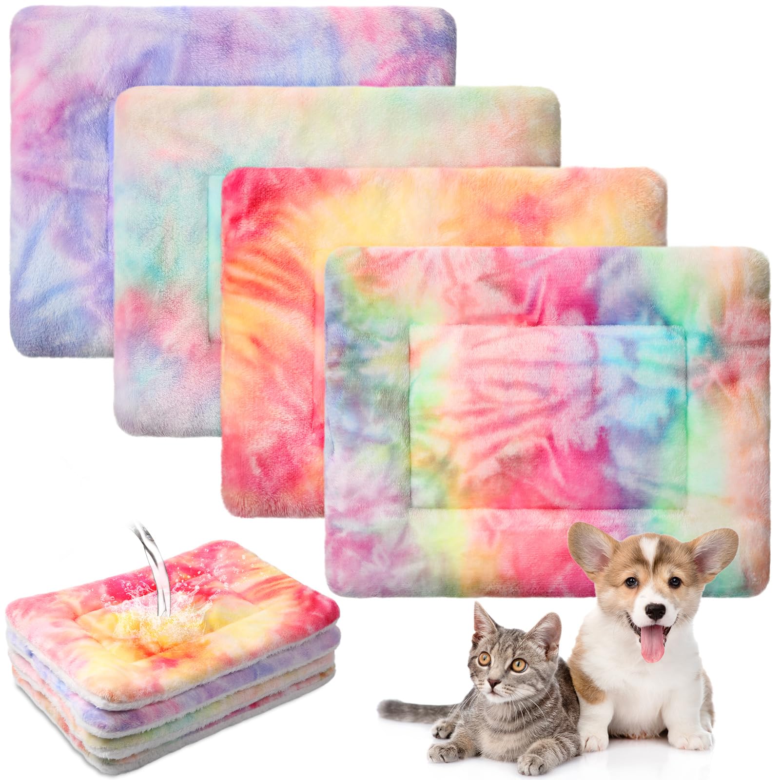 Haull 4 Pcs Waterproof Guinea Pig Bedding Winter Guinea Pig Bed Plush Cage Liners Soft Dog Cat Mat Reversible Winter Cozy Animal Pee Pad Hamster Bed Mat for Bunny (Tie Dyed,18 x 24 Inch)