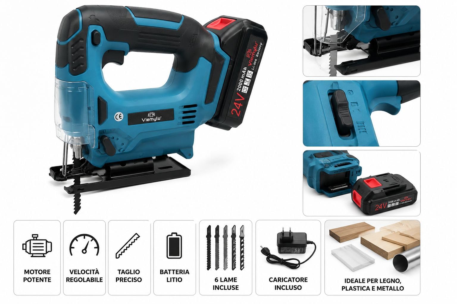 Seghetto Alternativo 24V Taglio 0-45° con Doppio LED, Batteria 2Ah, Caricabatteria, Lama, Motore Brushless, 3500 RPM