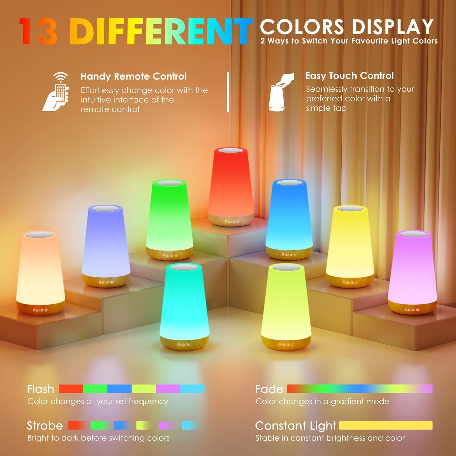 Auxmir LED Night Light displaying 13 different colors and 4 lighting modes: Flash, Strobe, Fade, Constant Light