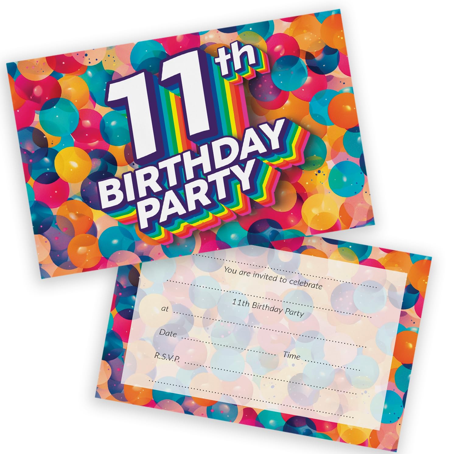 11th Birthday Party Invitations Kids - Rainbow Balloons 36 Pack - Childrens Birthday Invitations for Boys/Girls A6 Bday Party Invites Invitation Cards with Folding Envelopes