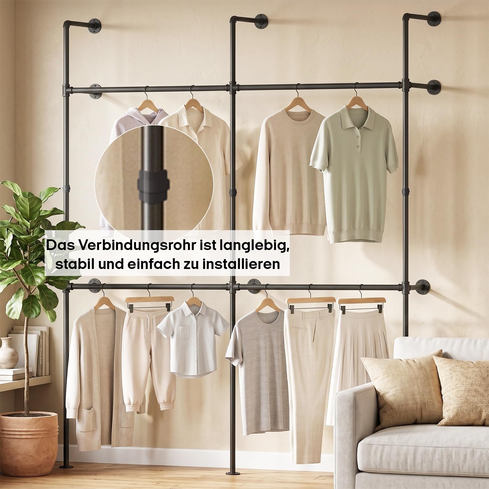 Kleiderstange Wandmontage, Offener Kleiderschrank mit 4 Stangen