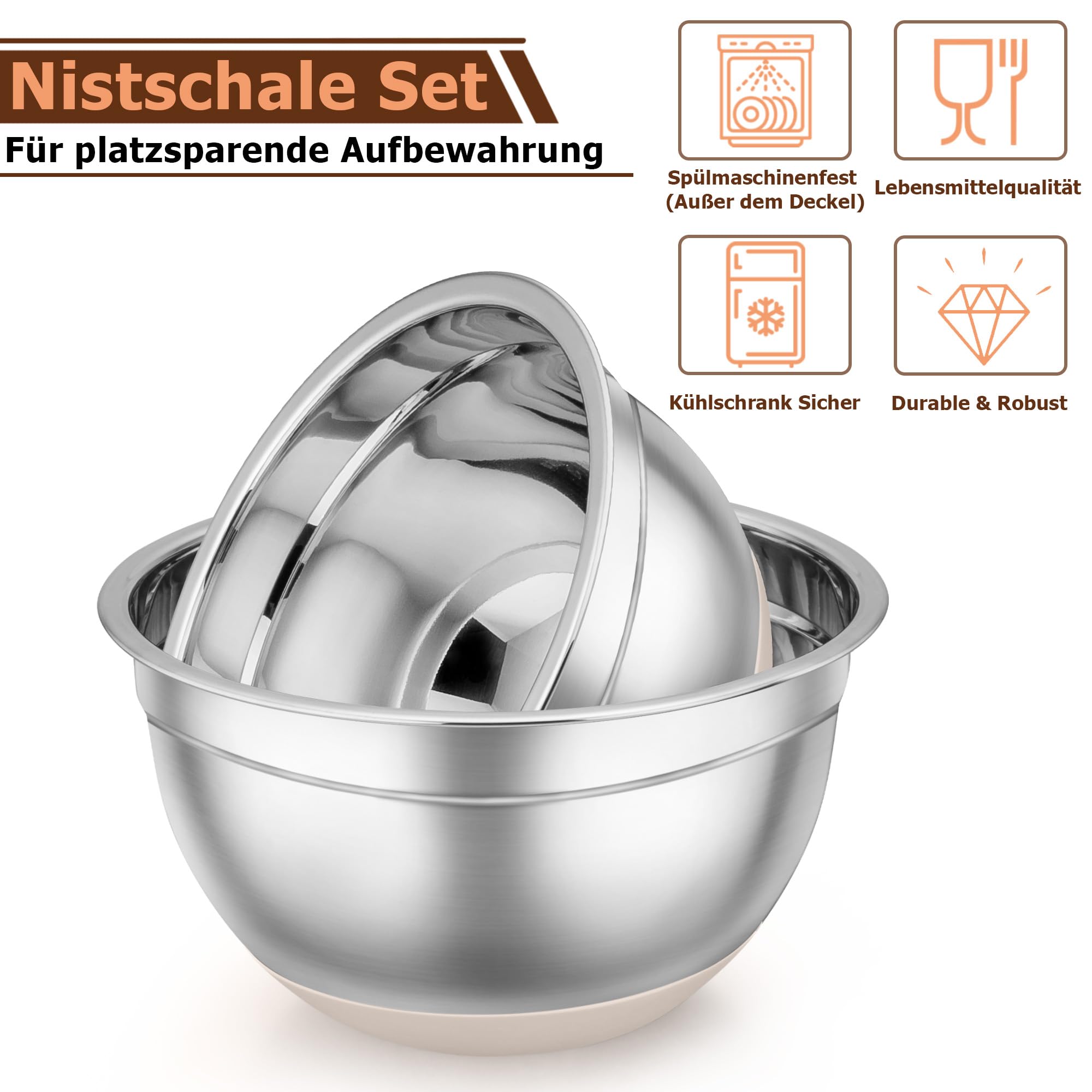 TeamFar Edelstahl Rührschüsseln Mit Deckel – 3-teilig (4,5/3/1,5 QT), Stapelbar, Luftdicht & Spülmaschinenfest