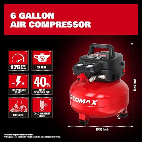 Miniatura 3 de ECOMAX Compresor de aire de 6 galones 175 PSI Pancake tanque portátil sin aceite con kit de accesorios de 10 piezas