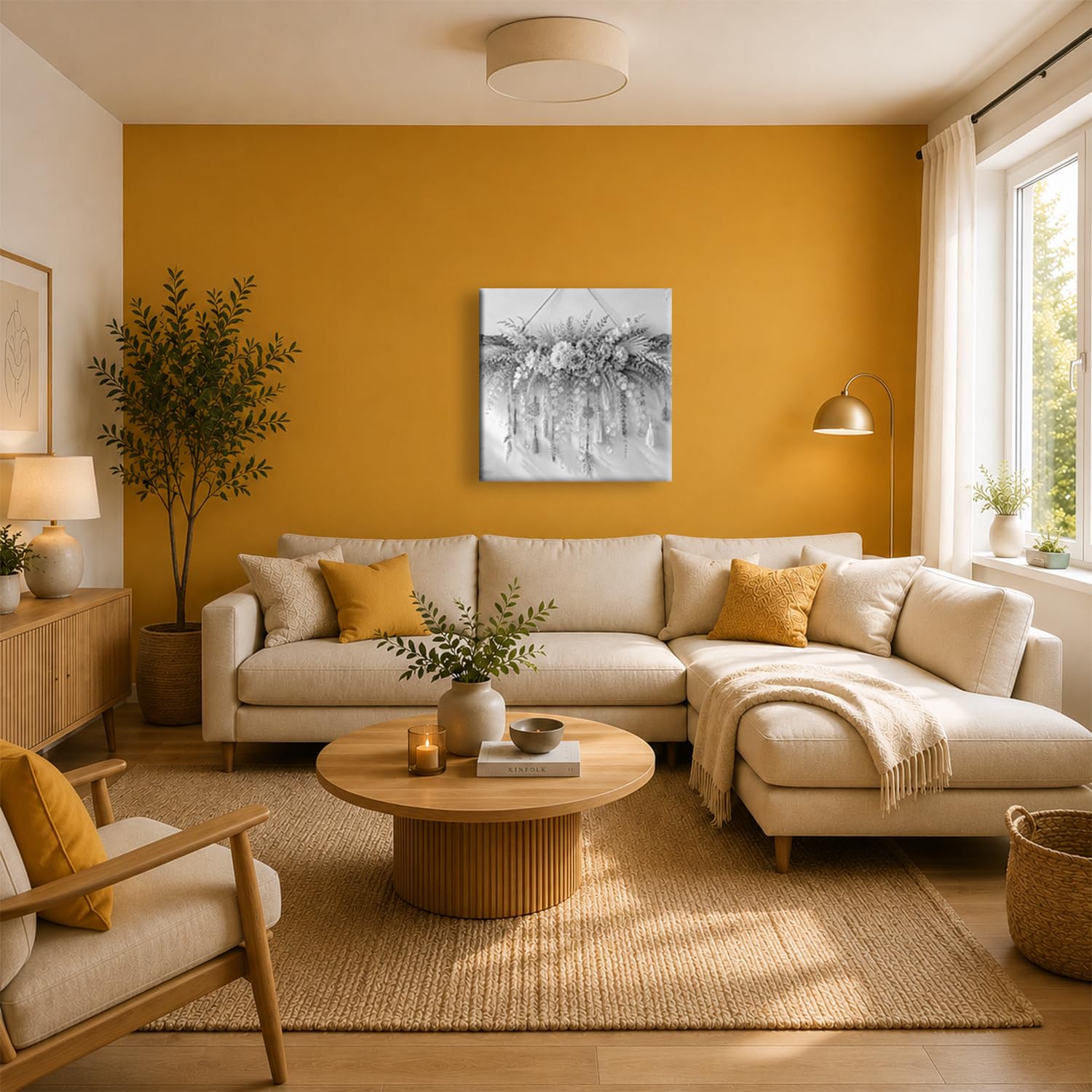 Leinwandbild Trockenblumen mit Hängedeko an Stab 70x70cm Schwarz&Weiß