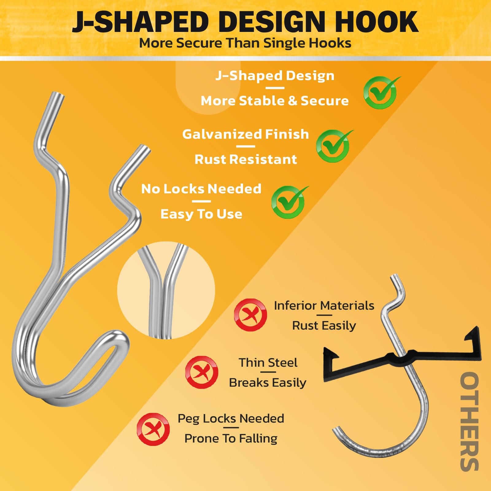 ELEAD 45-Piece Pegboard Hooks J-Hook, Silver J Hooks for Pegboard, Fits 1/8” & 3/16” Pegboards, Heavy Duty Peg Board Hooks for Hanging Keys, Retail Items & Small Tools - 4