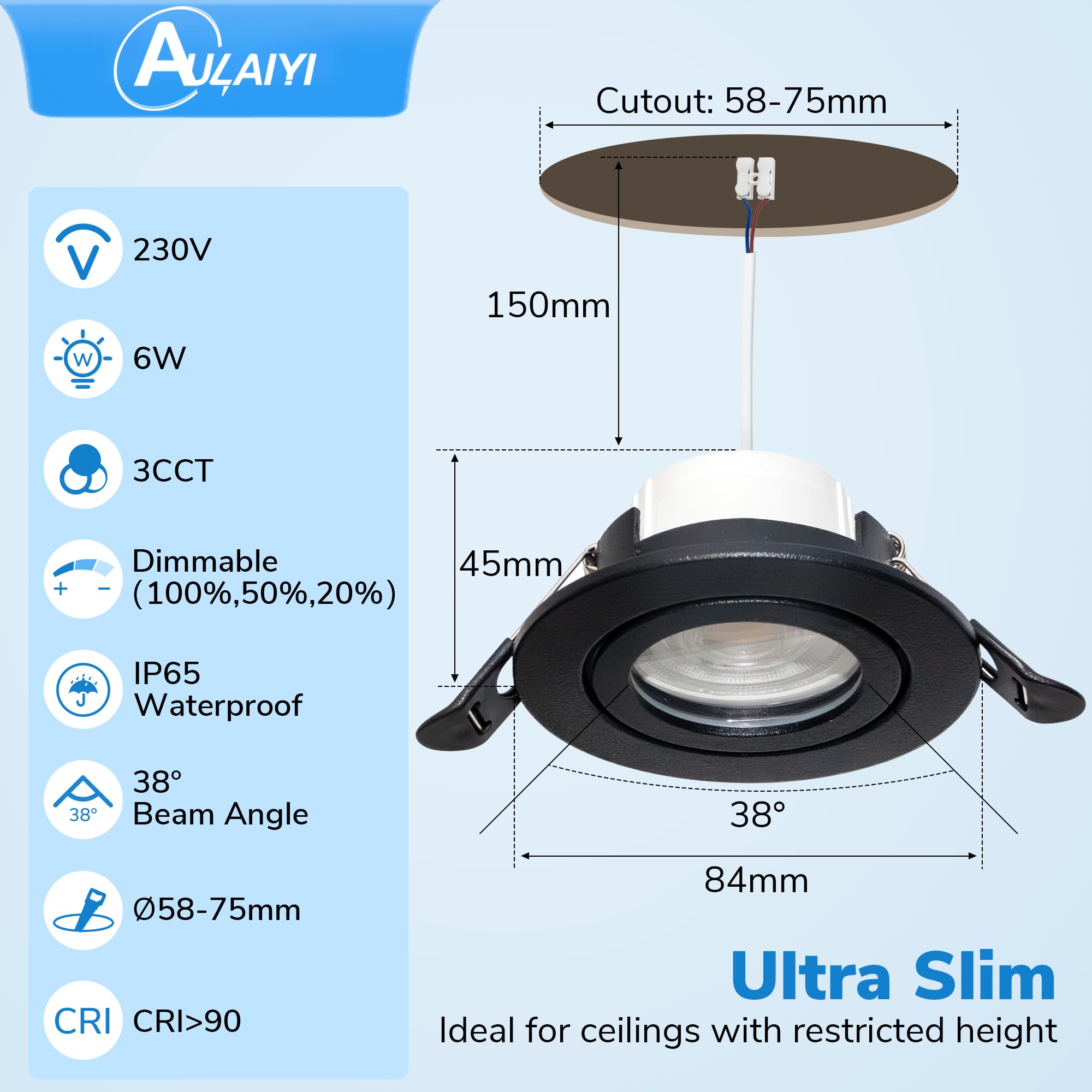 LED Einbaustrahler 230V Dimmbar IP65, 6W 3CCT 3000K/4000K/6000K LED Spots Deckenleuchte, Einbauleuchten 58-75mm Lochmaß Ultra Flach Einbauspots, Deckenspots für Badezimmer, Schwarz 6er Set