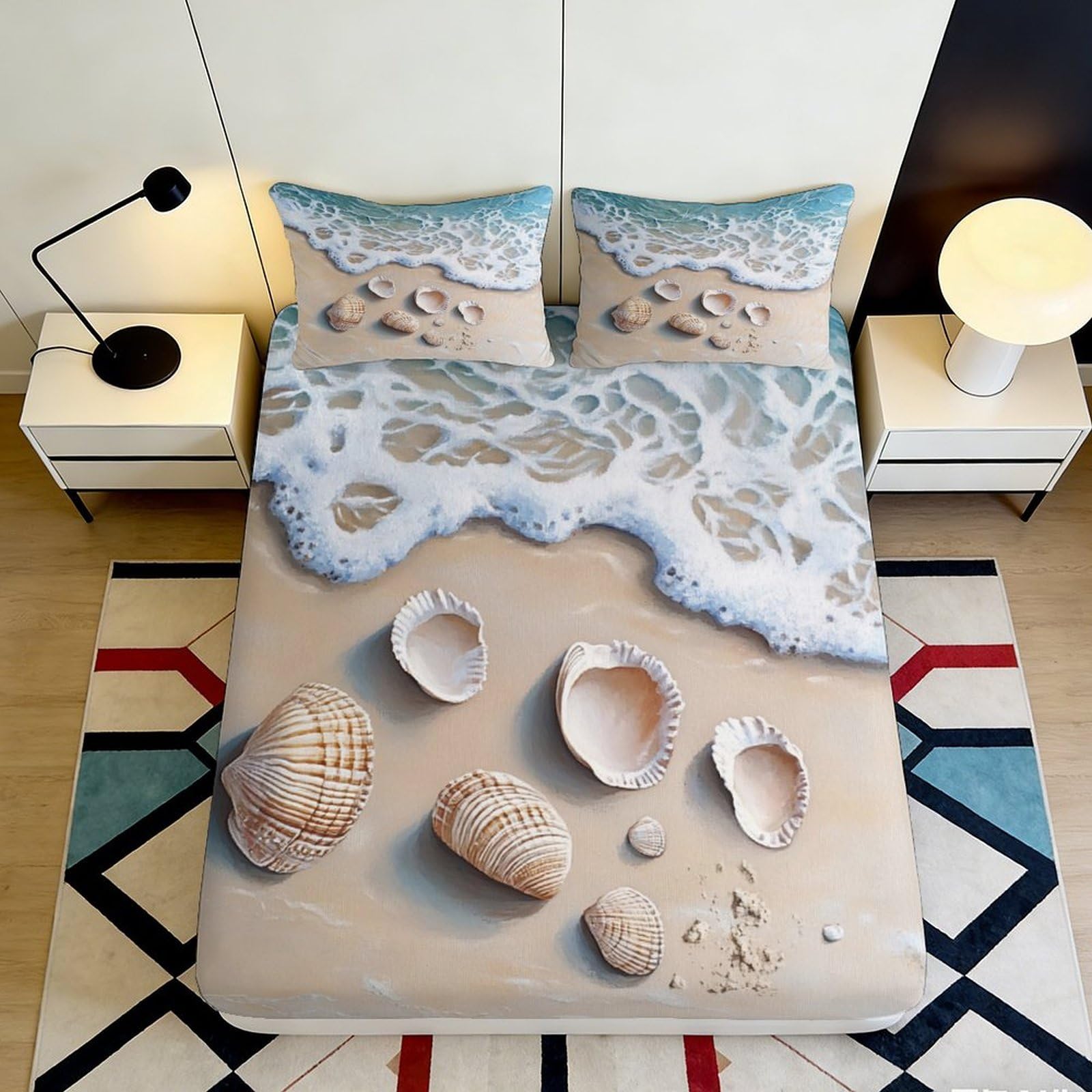 3D Printed Beach Shells Fitted Sheet Microfiber Soft Sand Ocean Mattress Cover for Bedroom Decor Protection 90x200x25cm