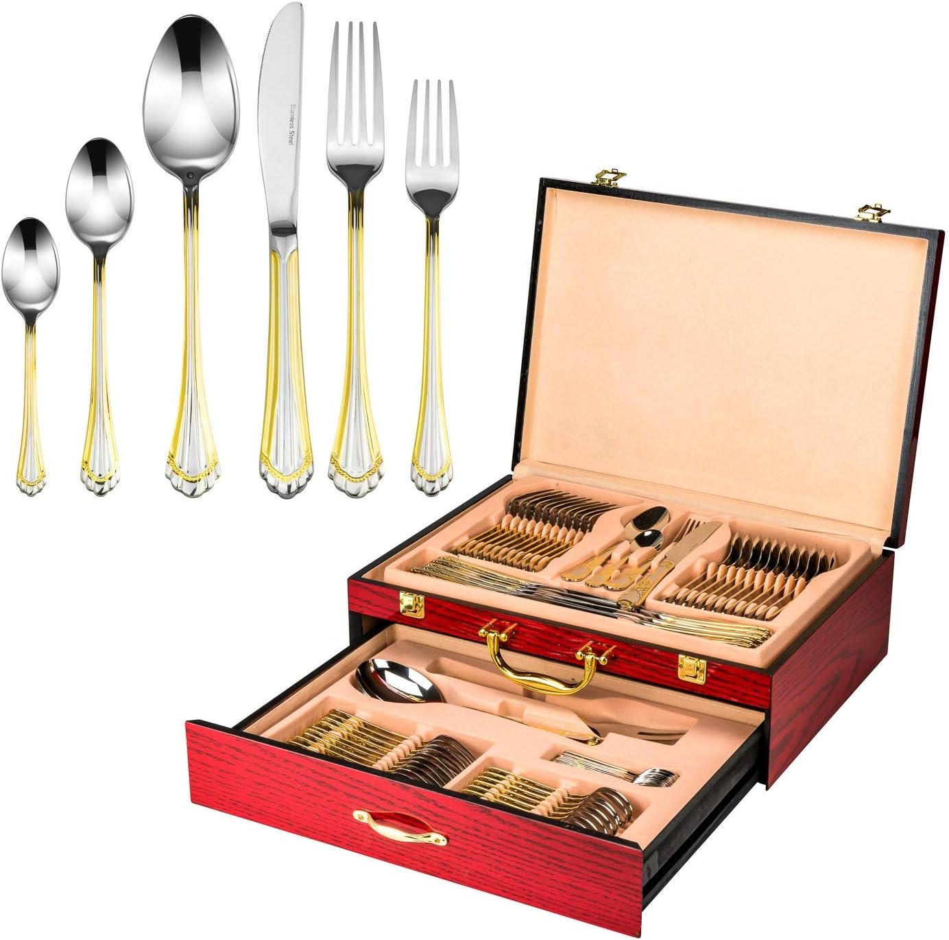 Italian Collection 'Tuscana Gold' 75-Pc Premium Silverware Flatware Serving Set, Dining Cutlery Service for 12, 24K Gold Plated 18/10 Stainless Steel Hostess Serving Set in a Chest