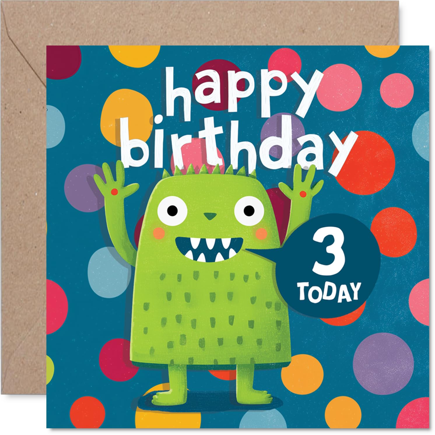 Playful 3rd Birthday Card - Cheery Monster Brings Polka Dot Party Vibes - Colourful Design for a Lively Birthday - Sure to Delight Little Ones - 145mm Square, Envelope Included