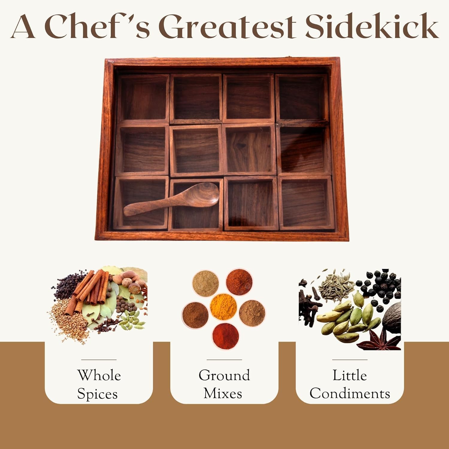 Wooden Spice Box with 12 Compartments, Decorative Storage Organizer, Includes Wooden Spoon