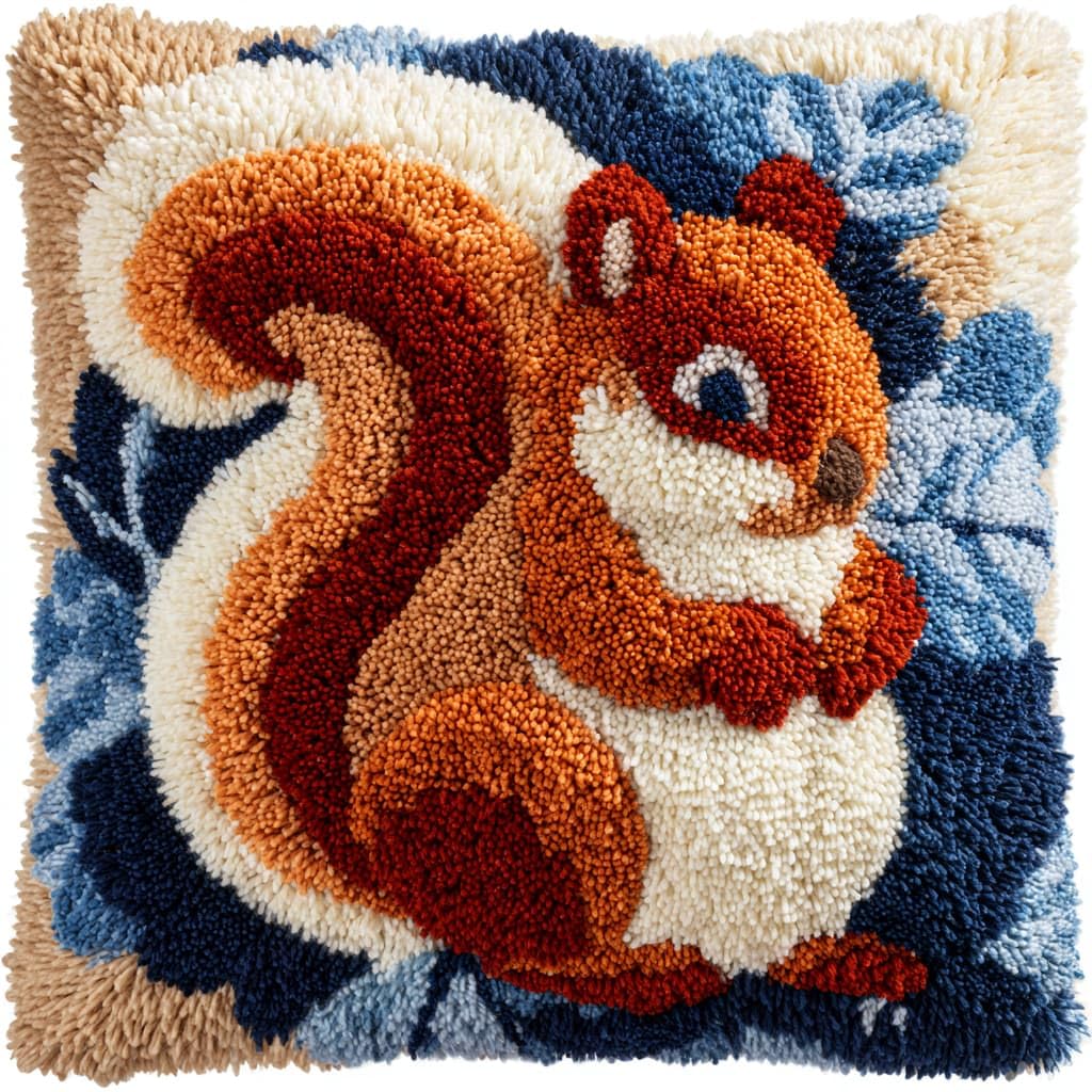 Taxpy Latch Hook Cushion Kits, Animal Squirrel Latch Hook Pillow Case Kits Embroidery Kit 43x43cm, DIY Needlework Pillow Cover Sofa Cushion Rug Making Kit
