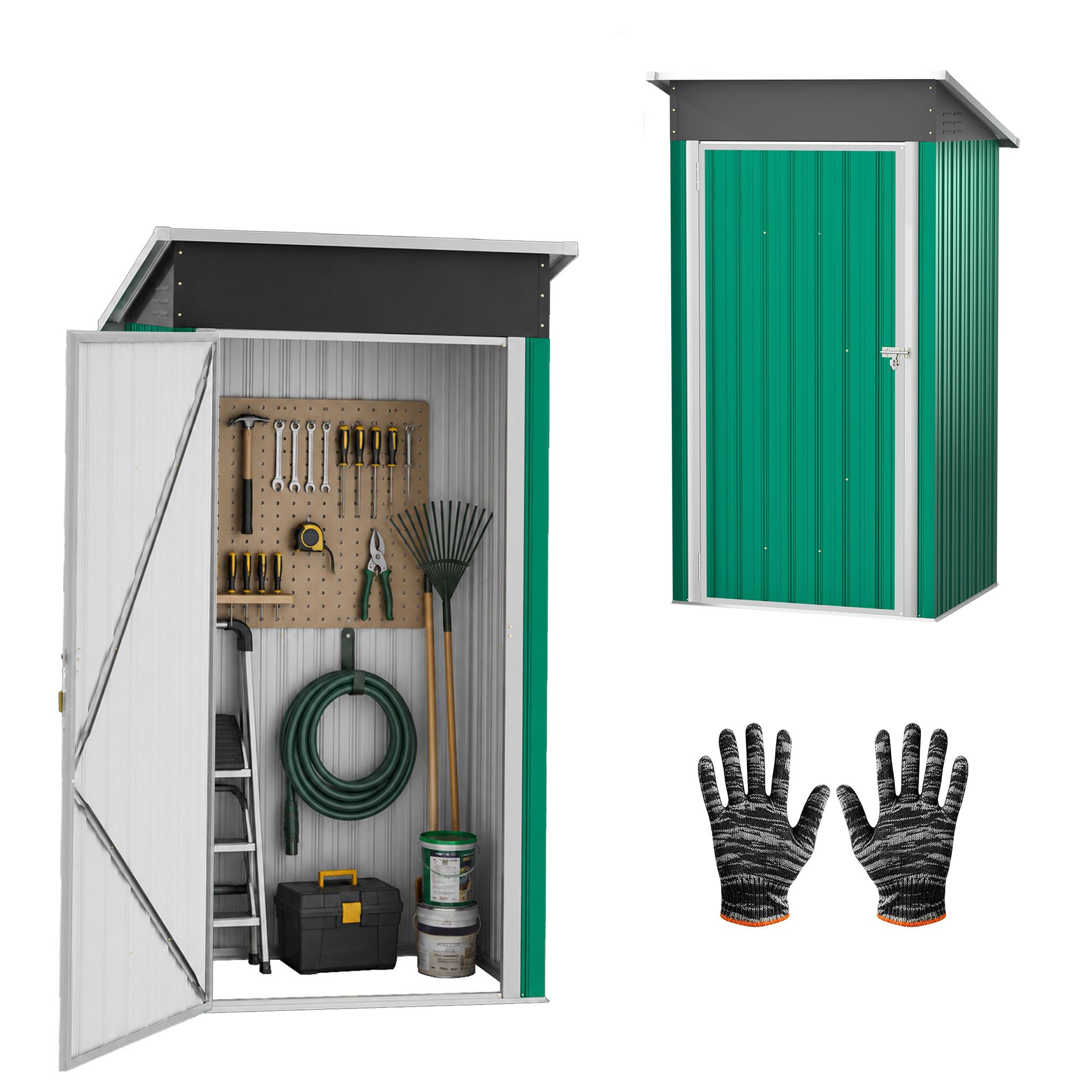 Caseta de jardín de metal, 96 x 75 x 185 cm, resistente a la intemperie, con cerradura con tejado, caseta de jardín, herramientas para exteriores, cobertizo para patio trasero, terraza