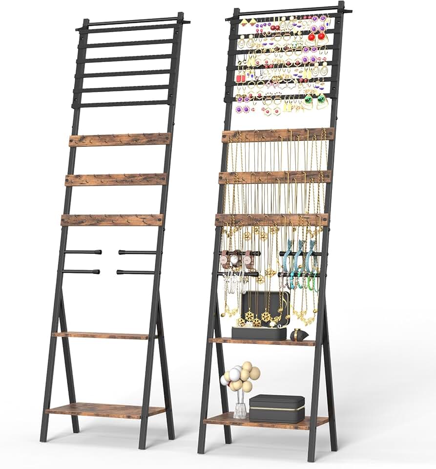 Armário de joias com visor para brincos, colar, suporte organizador de joias, grande organizador de joias, independente para colar, relógios, anéis, pulseiras, organizadores de joias de chão e