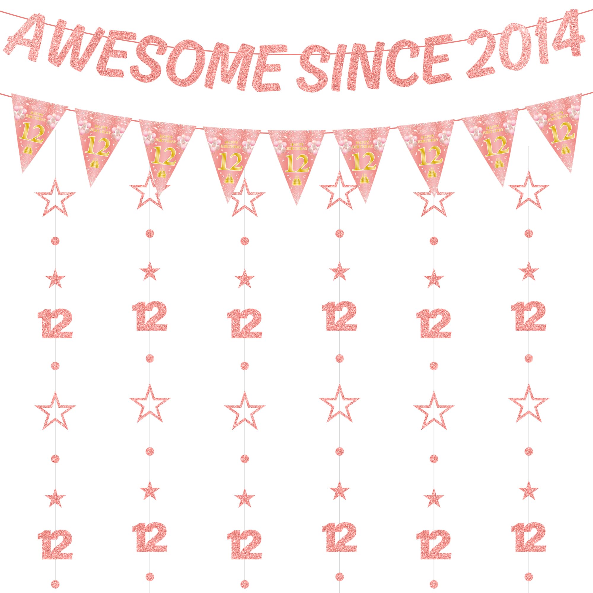 12th Birthday Decorations Banner Girl - 8 Pcs Rose Gold Awsome Since 2014 Banners Triangle Flags Number 12 Circle Dot Twinkle Star Garland for Twelve Girls Year Old Party Supplies Decor