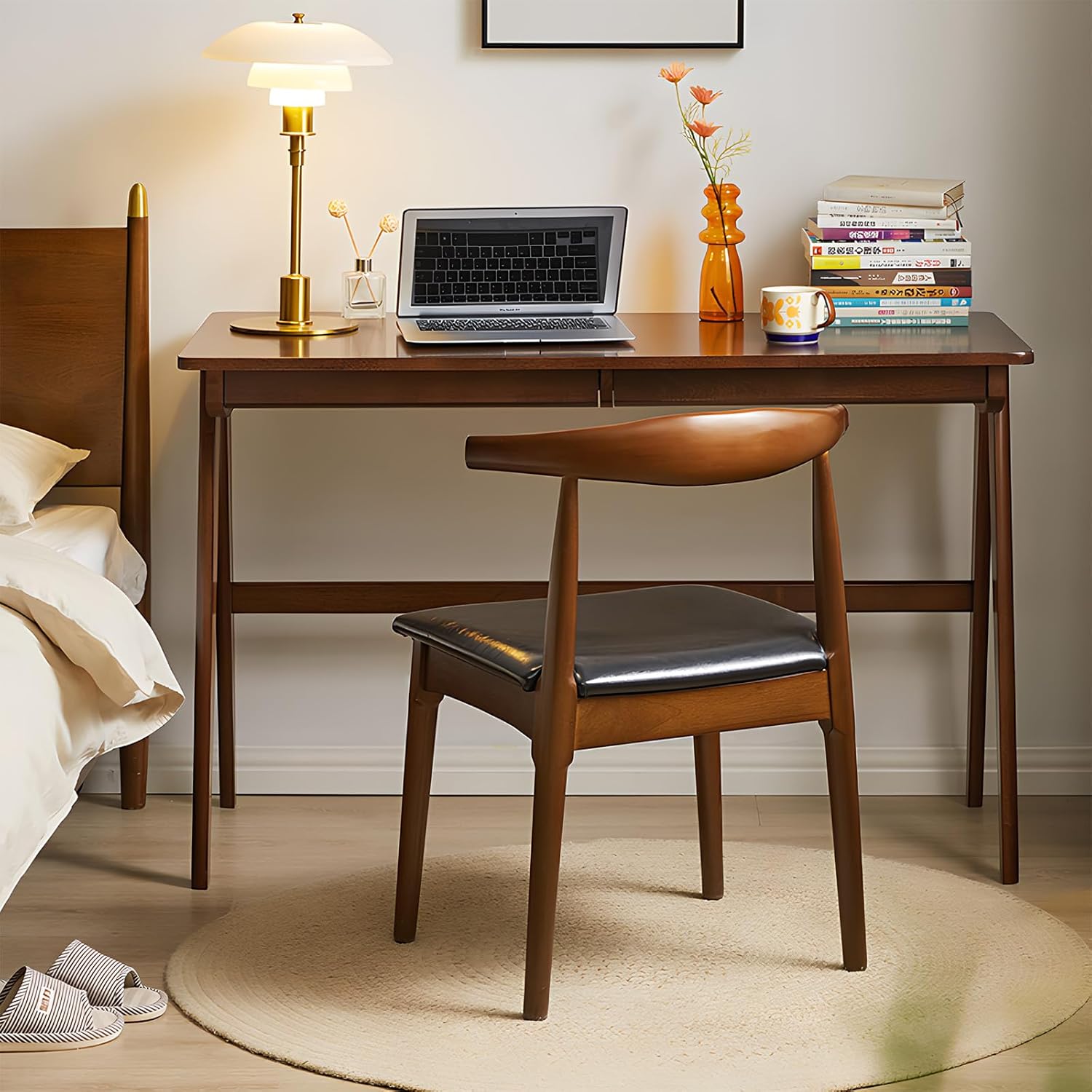Computer Desk with Drawers, Solid Wood Writing Desk, Mid Century Modern Home Office Desks, Oak Study Table, Small Desk for Bedroom, 29.1 H x 39.4 W x 21.7 D Inches, Walnut