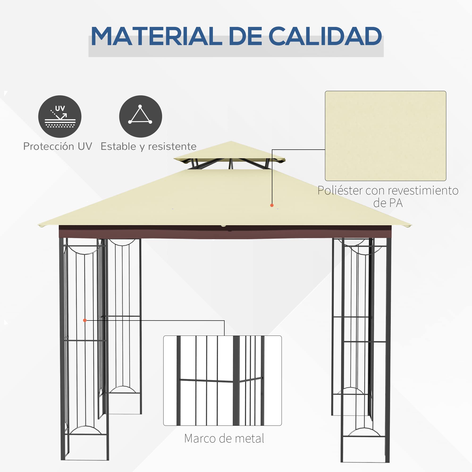 Outsunny Cenador de Jardín 3x3 m Pabellón Doble Techo Ventilación Beige | para Exterior, Marco de Acero Anti-UV, para Fiestas, Eventos, Patio al Aire Libre